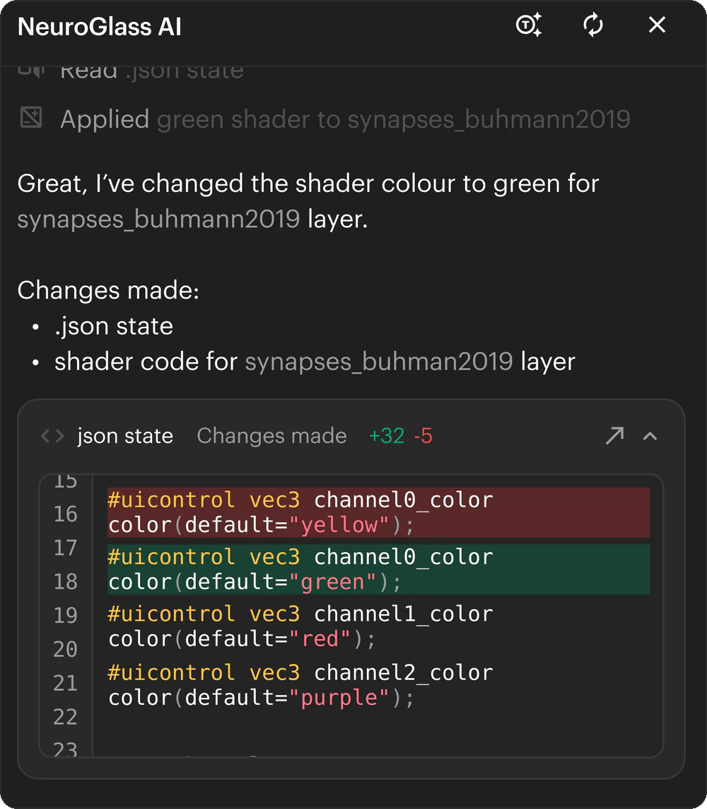 The NeuroGlass AI panel: after a request in plain language, it recolors a layer's shader to green and lists the change it made to the Study's state.