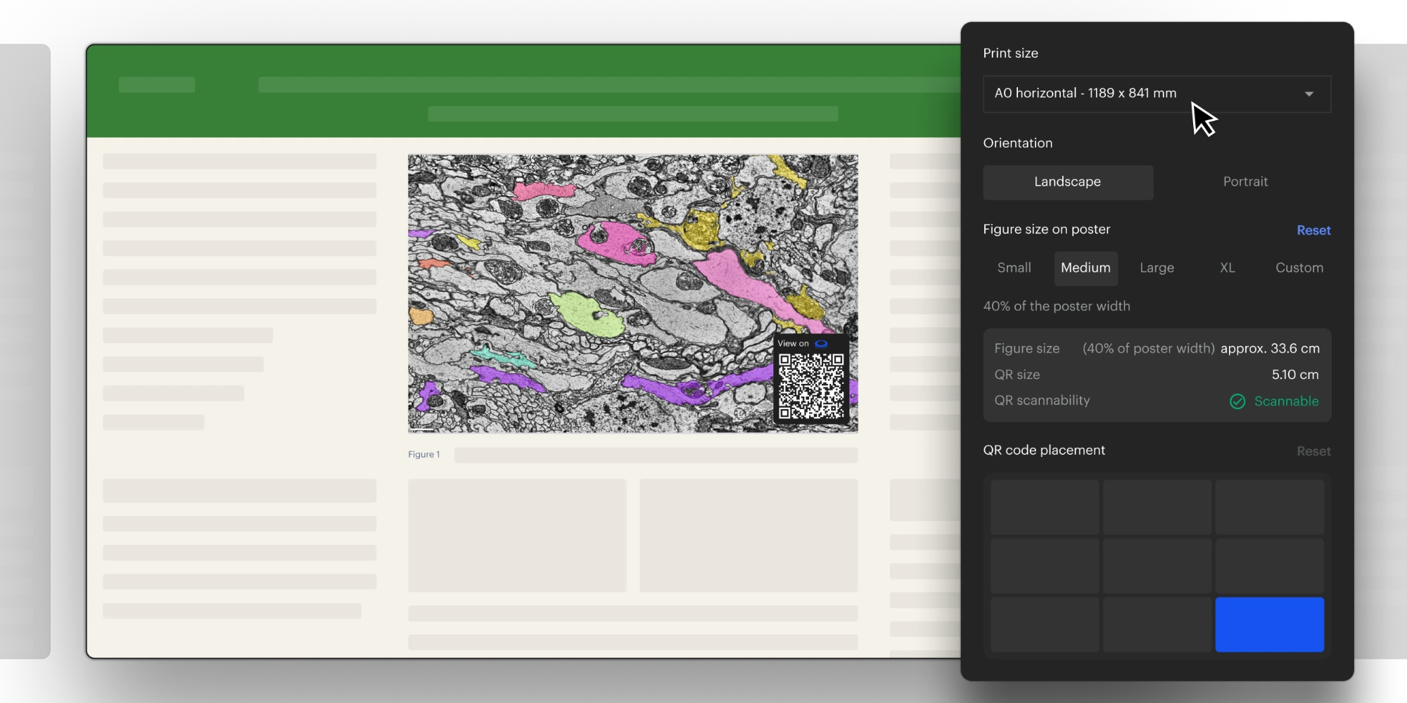 The poster export panel: print size, orientation, figure size on the poster and QR code placement, next to a poster page.