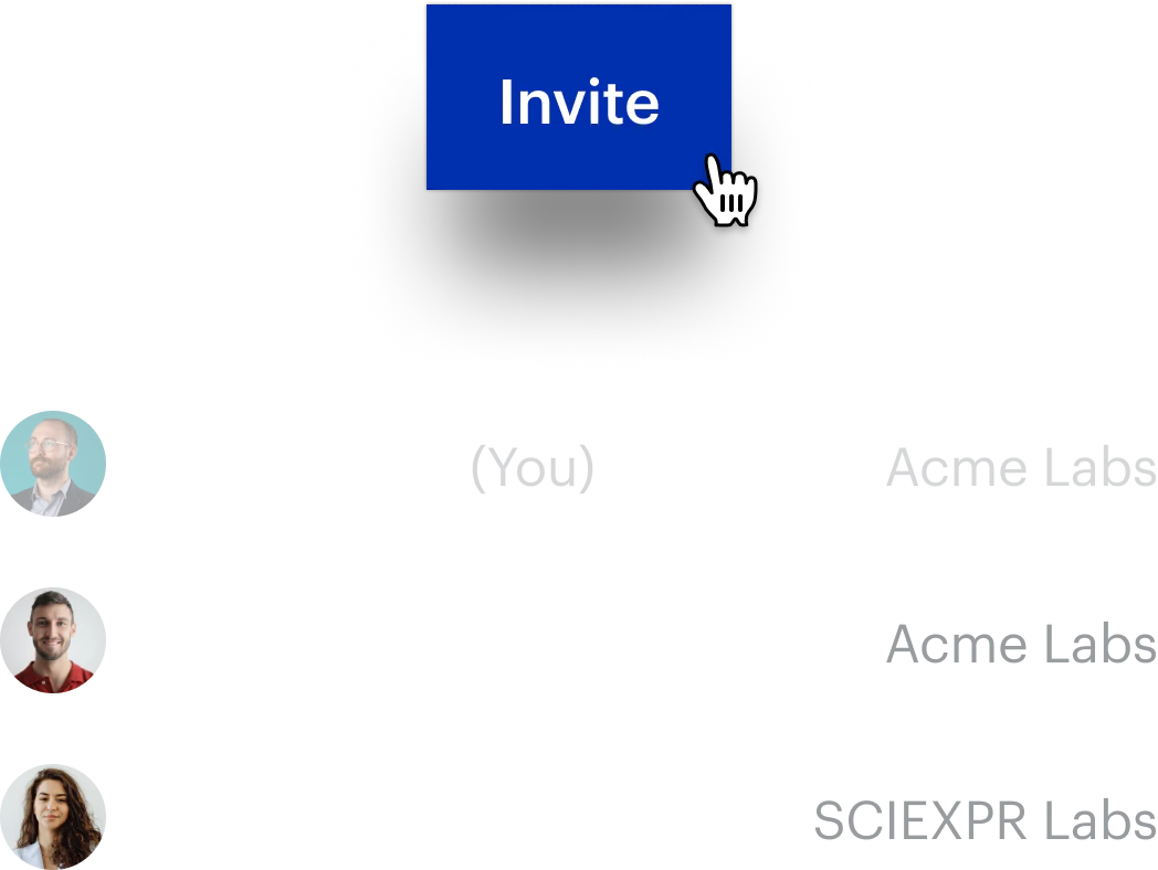 User interface showing a list with three people: Aaron Young (You) from Acme Labs with a profile photo, Steve Johnson from Acme Labs, and Harriet Rojas from SCIEXPR Labs; a blue 'Invite' button is hovered by a cursor hand.
